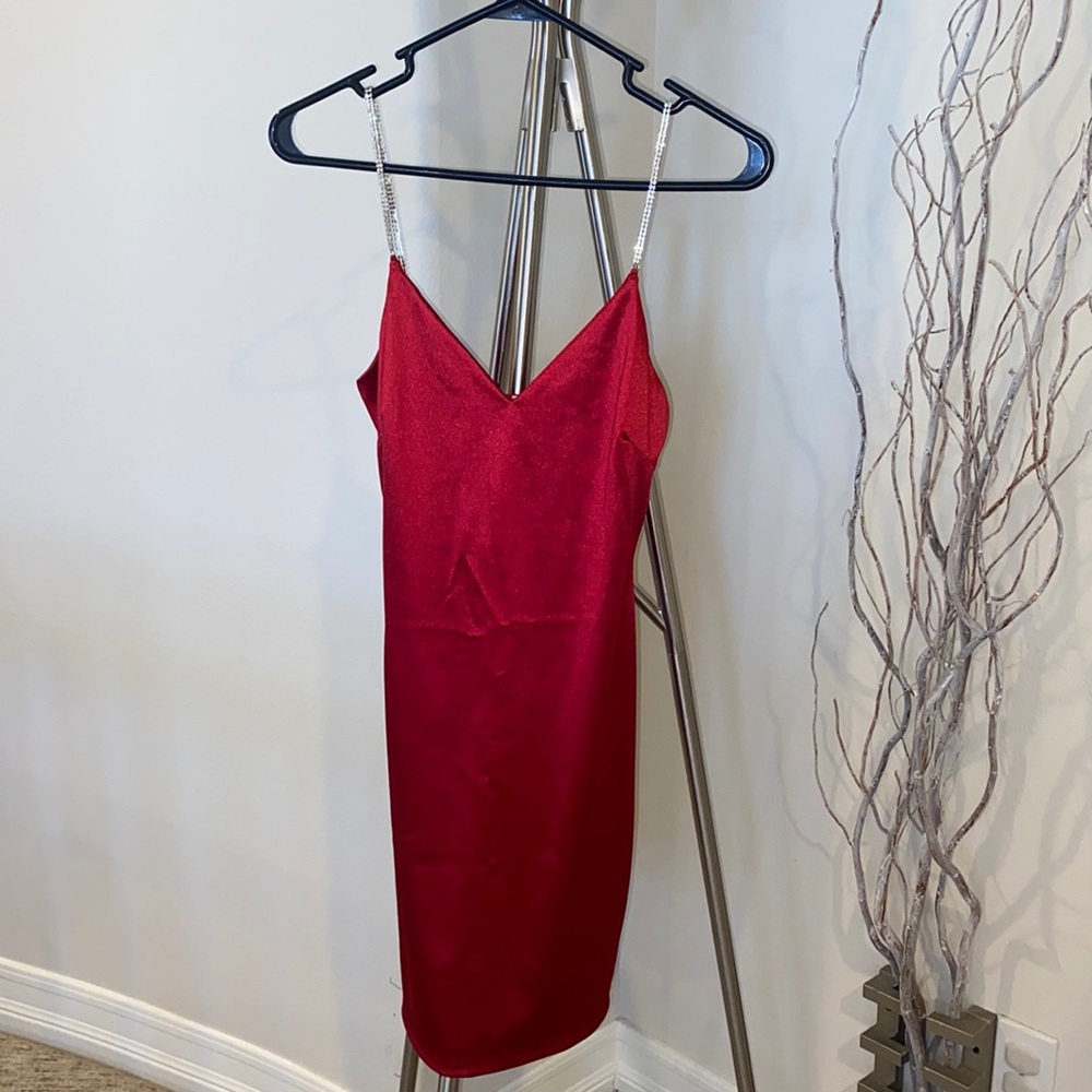 Red satin bodycon dress with rhinestone Diamond straps